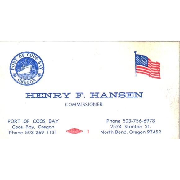 Henry F. Hansen Commissioner Port of Coos Bay OR Vintage  Henry F. Hansen Commissioner Port of Coos Bay OR Vintage Business Card SD4-B2